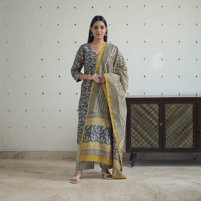 Blue - Hand Block Bagru Print Chanderi Silk Kurta Set 08