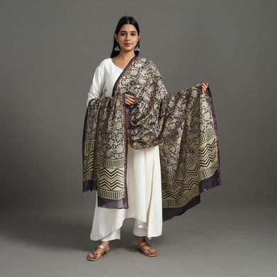Beige - Block Printed Chanderi Silk Sanganeri Dupatta 19