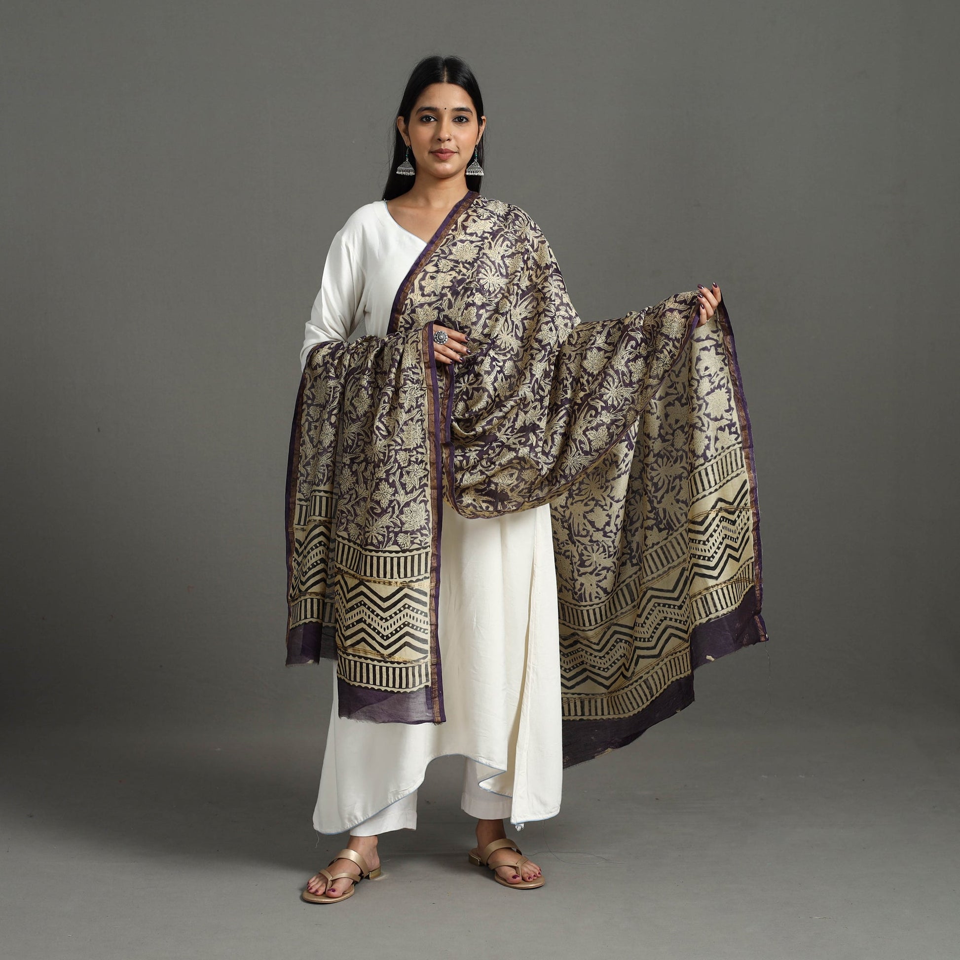 Beige - Block Printed Chanderi Silk Sanganeri Dupatta 19