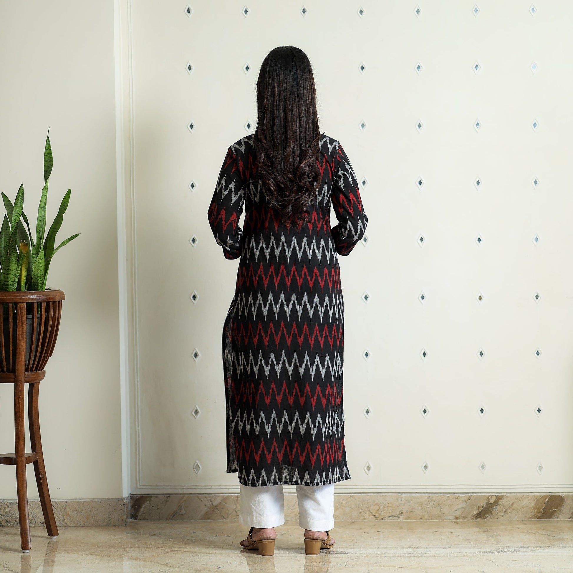 Black - Pochampally Ikat Weave Cotton Long Kurta