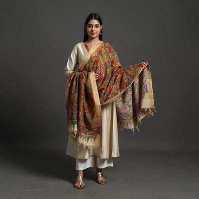 Brown - Mangalagiri Cotton Handpainted Pen Work Kalamkari Dupatta 05