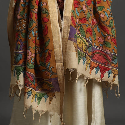 Brown - Mangalagiri Cotton Handpainted Pen Work Kalamkari Dupatta 05