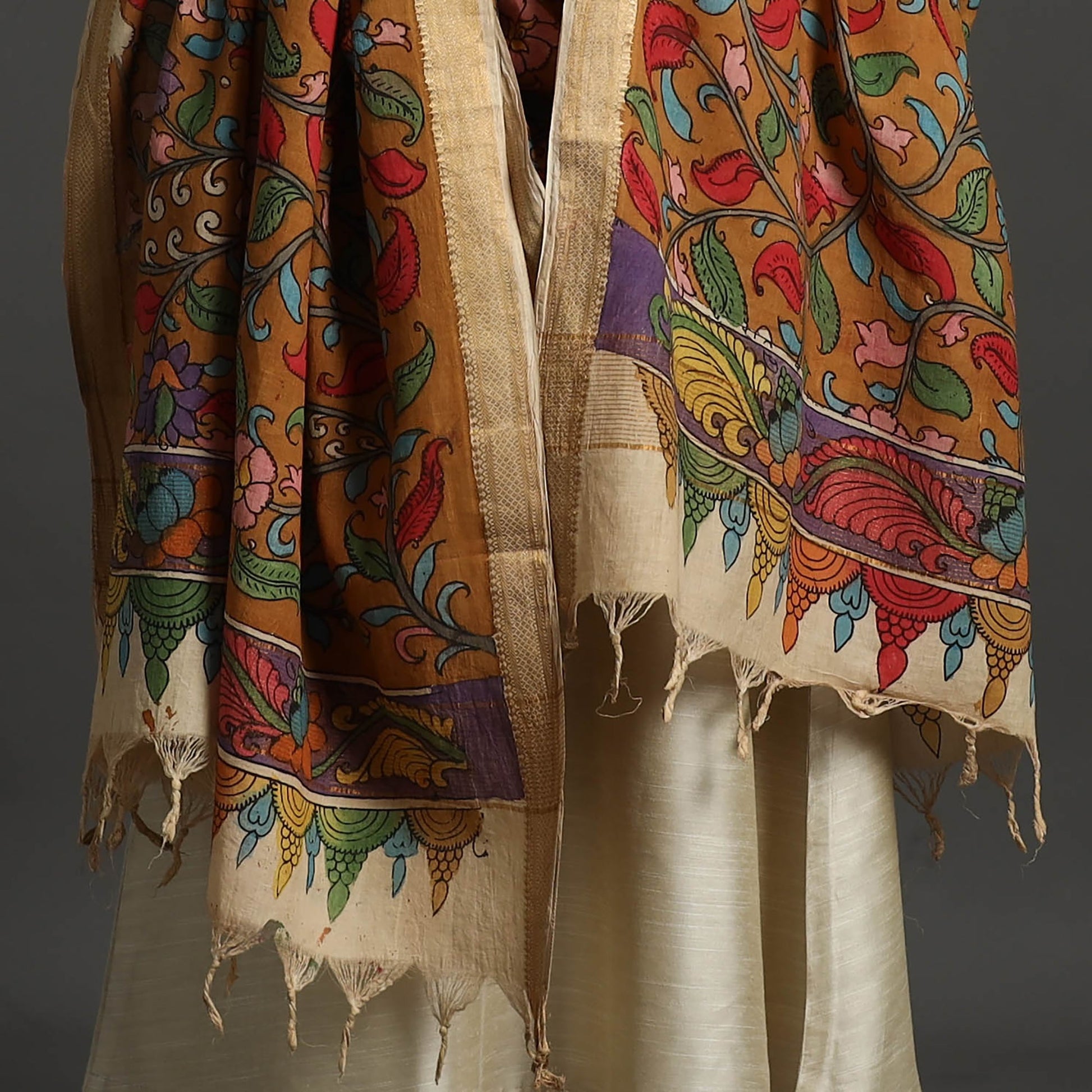 Brown - Mangalagiri Cotton Handpainted Pen Work Kalamkari Dupatta 05