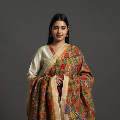 Brown - Mangalagiri Cotton Handpainted Pen Work Kalamkari Dupatta 05