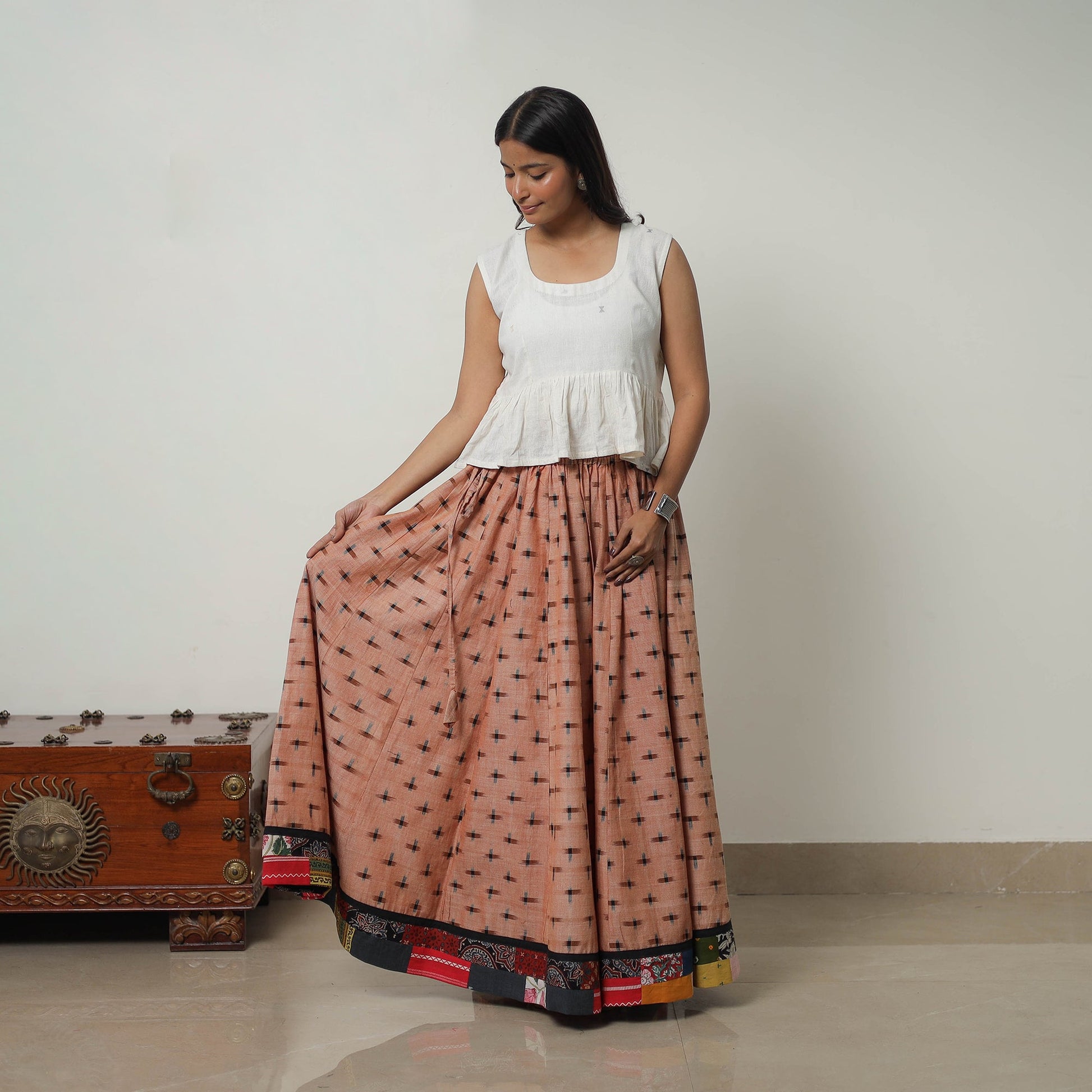 Brown - 24 Kali Cotton Pochampally Ikat Skirt 16