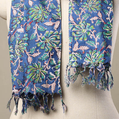 Blue - Block Print Cotton Sanganeri Stole with Tassels 161