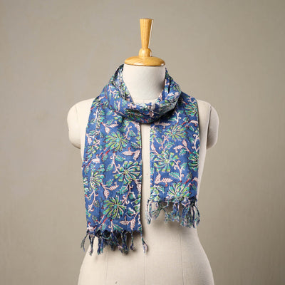 Blue - Block Print Cotton Sanganeri Stole with Tassels 161
