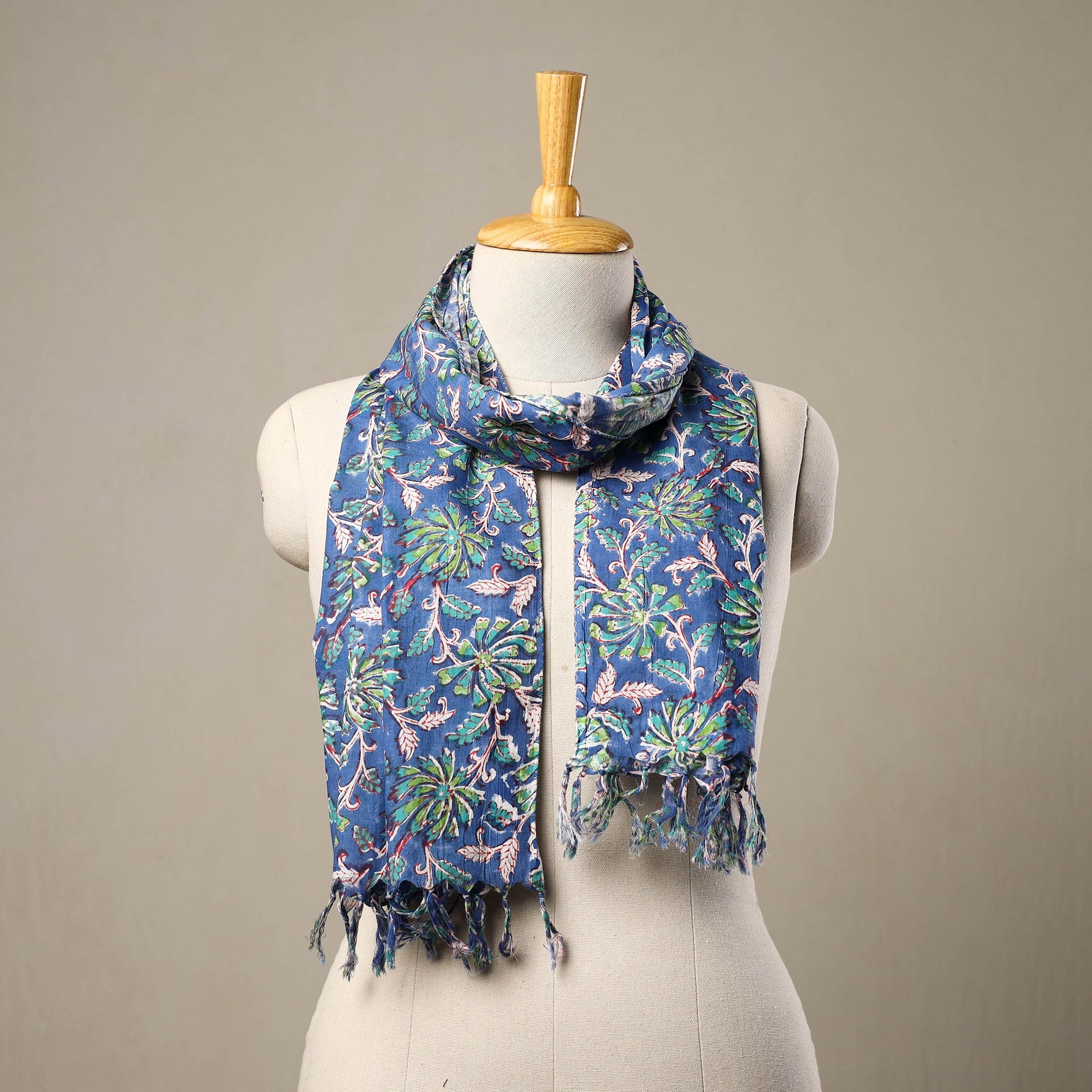 Blue - Block Print Cotton Sanganeri Stole with Tassels 161