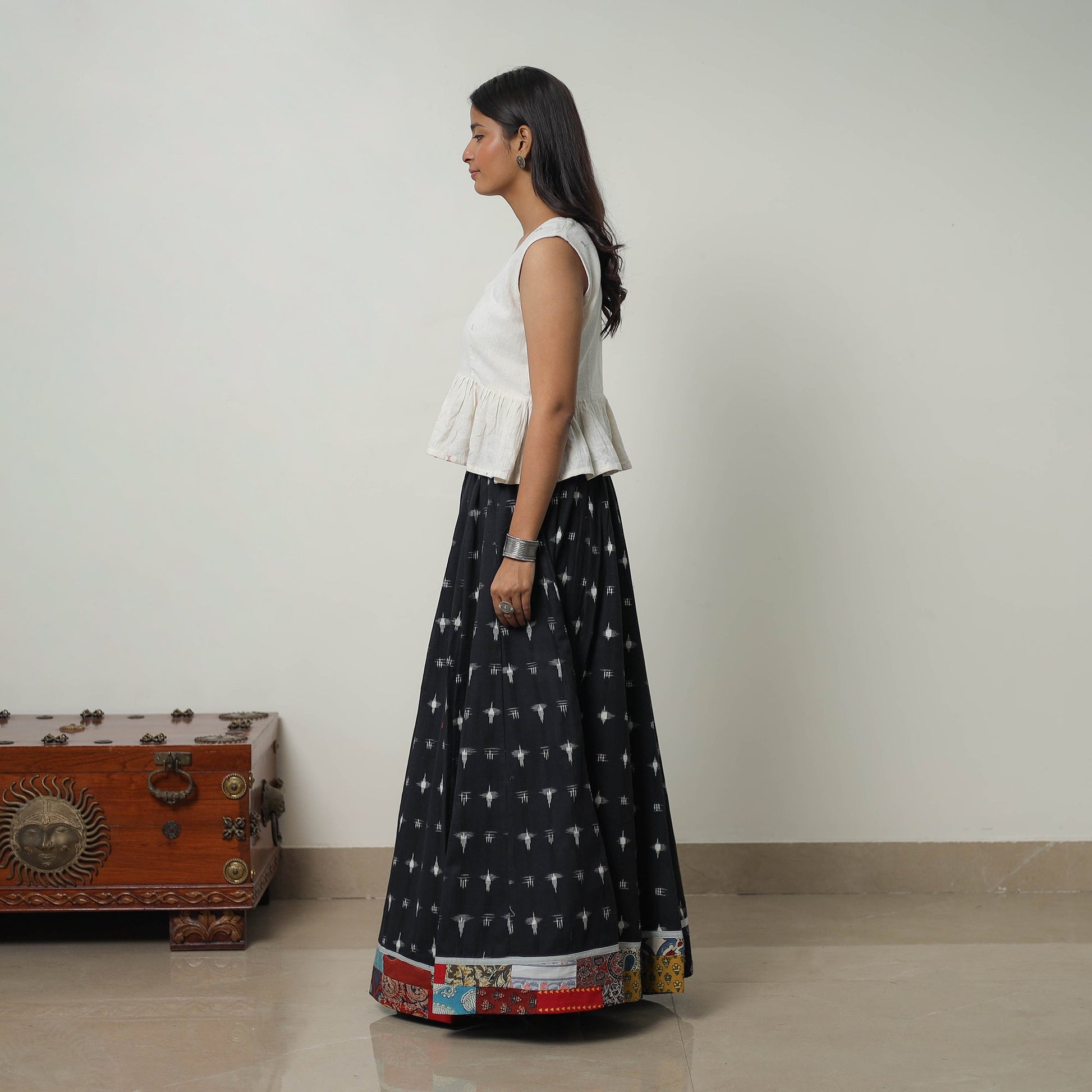 Black - 24 Kali Cotton Pochampally Ikat Skirt 17