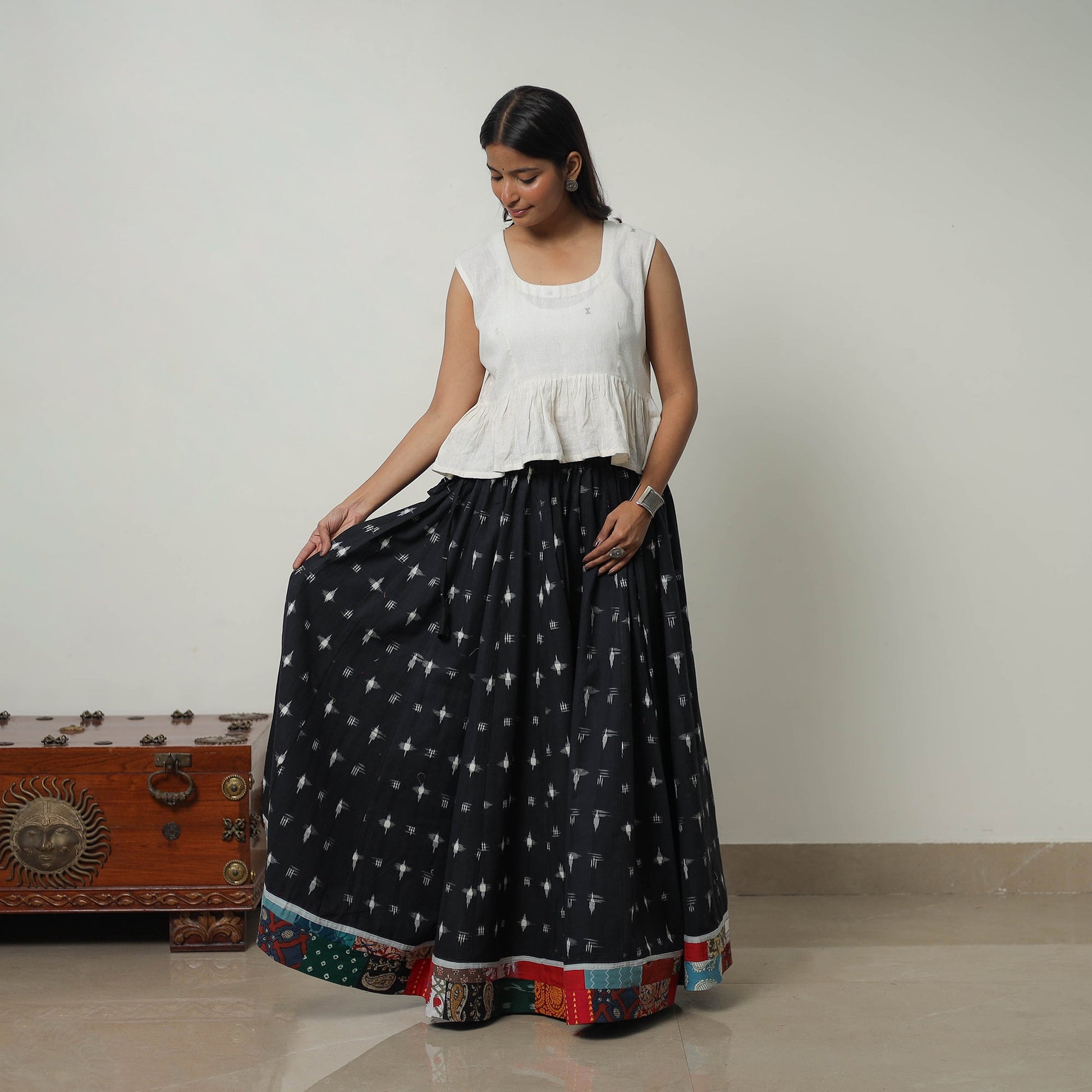 Black - 24 Kali Cotton Pochampally Ikat Skirt 17