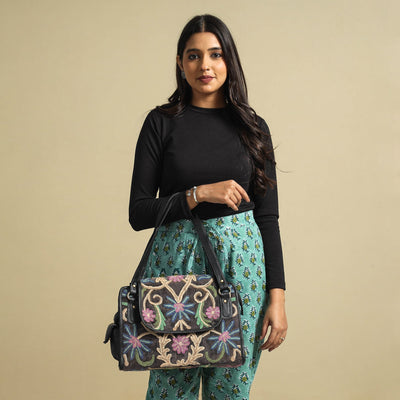Black - Original Crewel Hand Embroidery Leather & Velvet Hand Bag