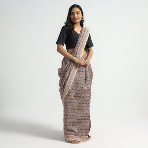 Beige - Bagh Hand Block Printed Natural Dyed Chanderi Silk Saree