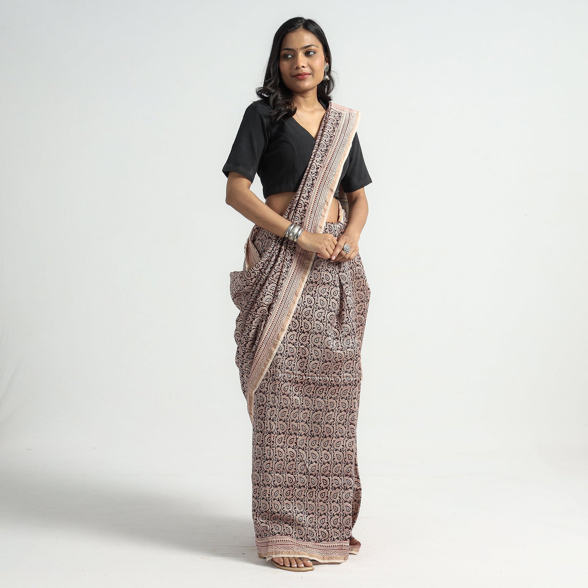 Beige - Bagh Hand Block Printed Natural Dyed Chanderi Silk Saree
