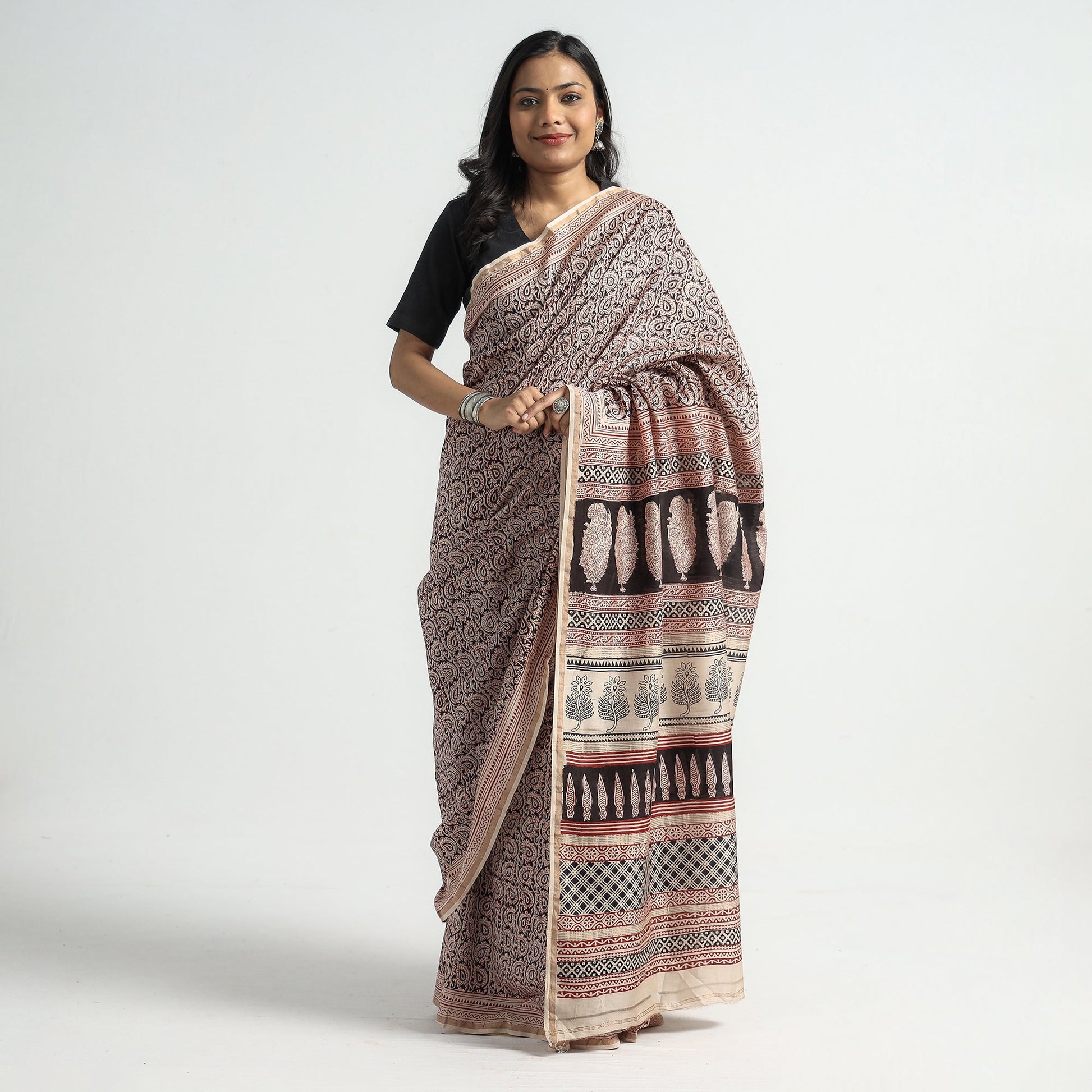 Beige - Bagh Hand Block Printed Natural Dyed Chanderi Silk Saree