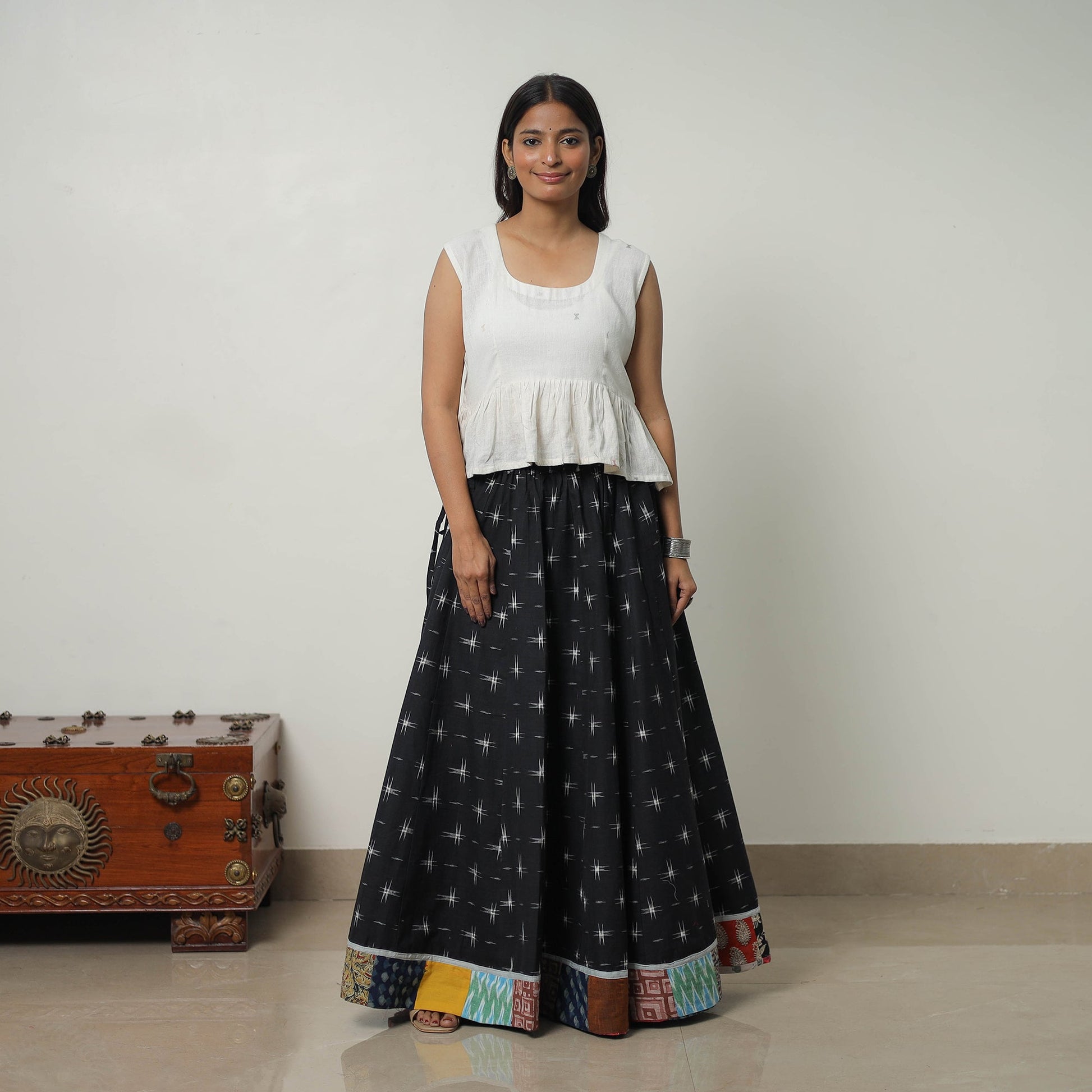 Black - 24 Kali Cotton Pochampally Ikat Skirt 18