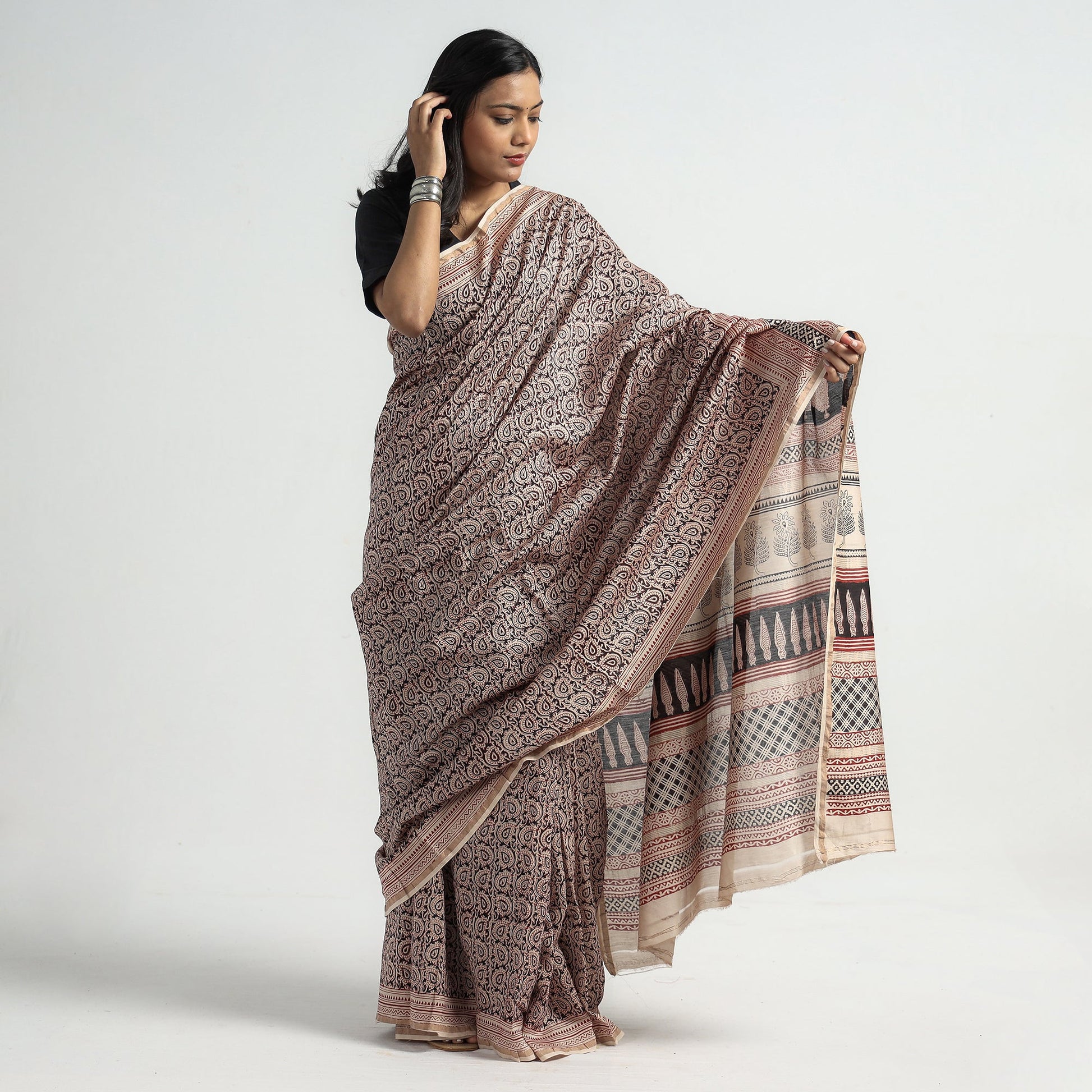 Beige - Bagh Hand Block Printed Natural Dyed Chanderi Silk Saree