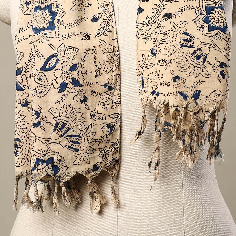 Beige - Block Print Cotton Sanganeri Stole with Tassels 168