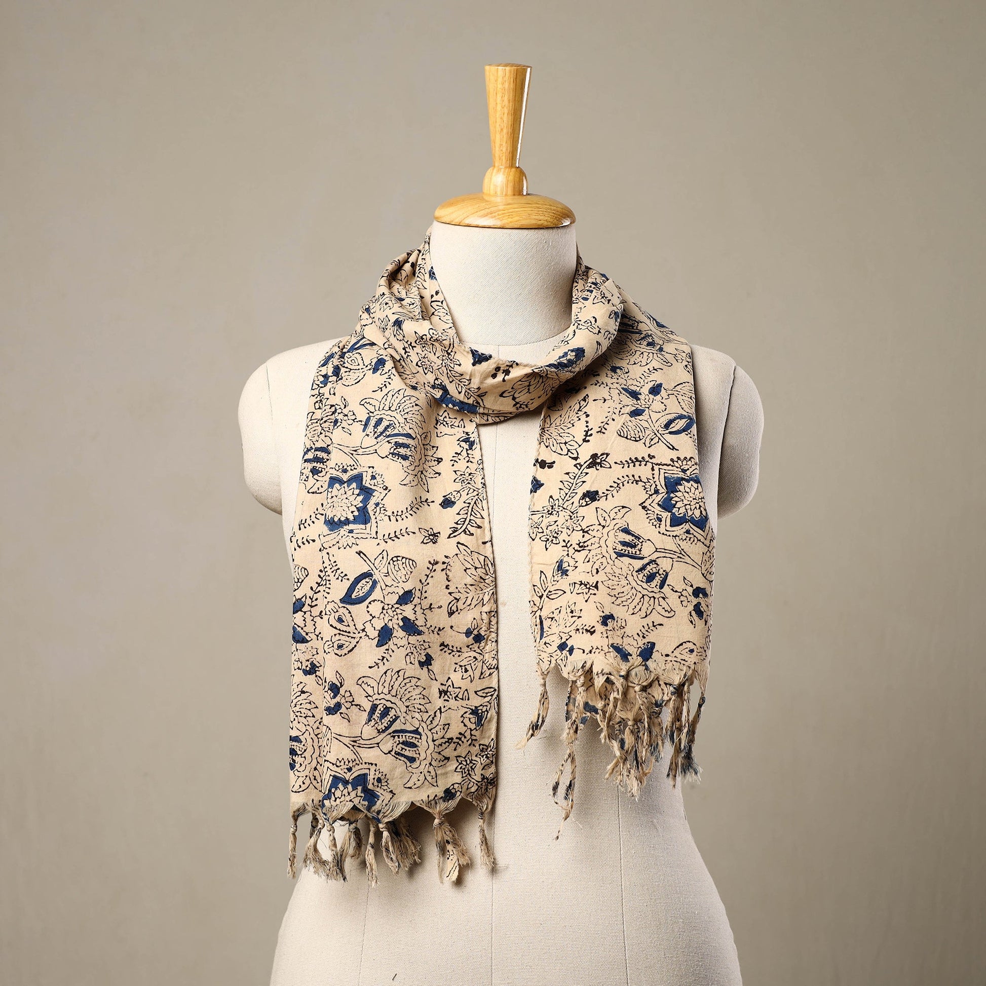 Beige - Block Print Cotton Sanganeri Stole with Tassels 168