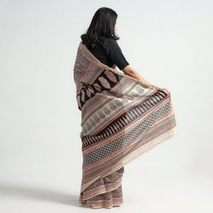 Beige - Bagh Hand Block Printed Natural Dyed Chanderi Silk Saree