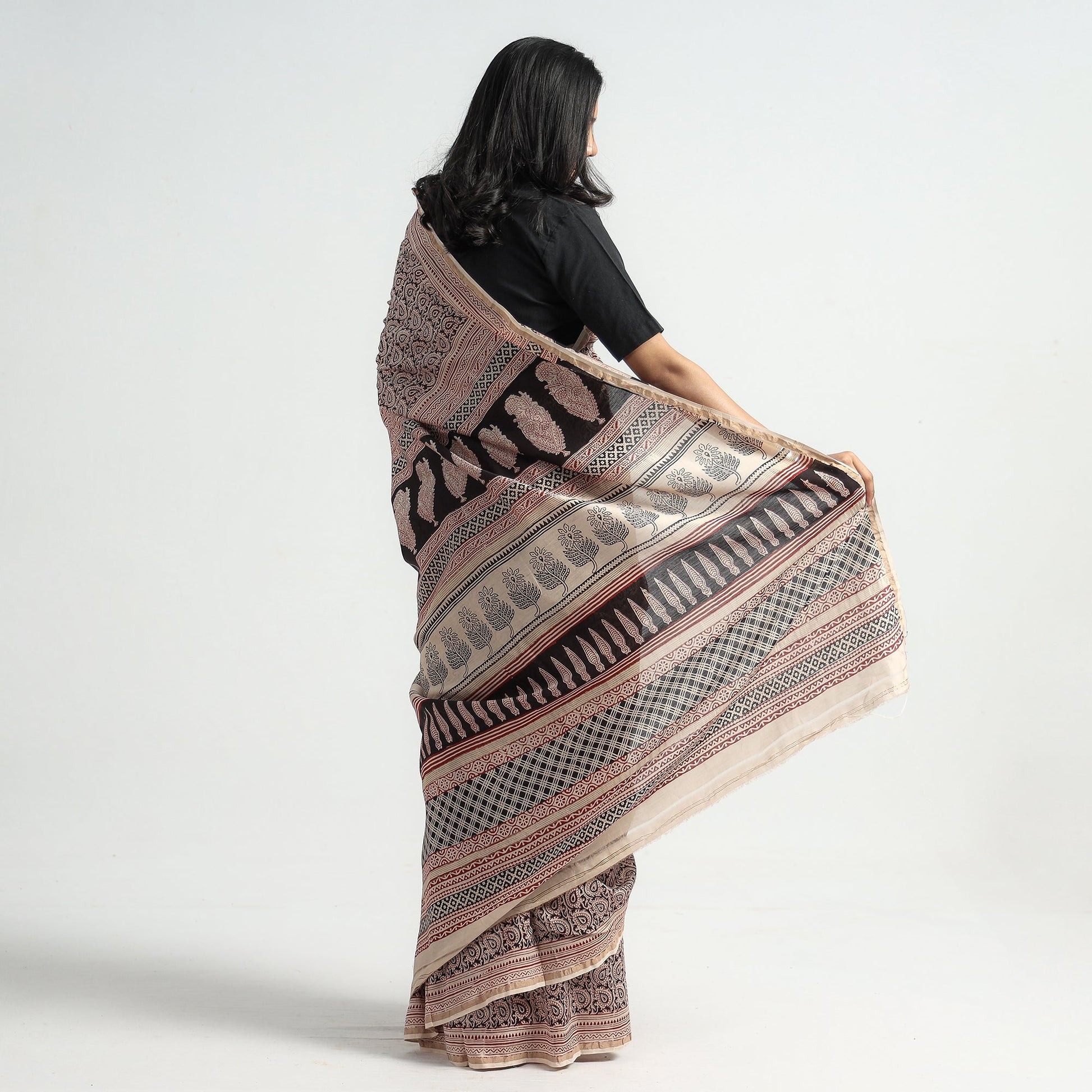 Beige - Bagh Hand Block Printed Natural Dyed Chanderi Silk Saree