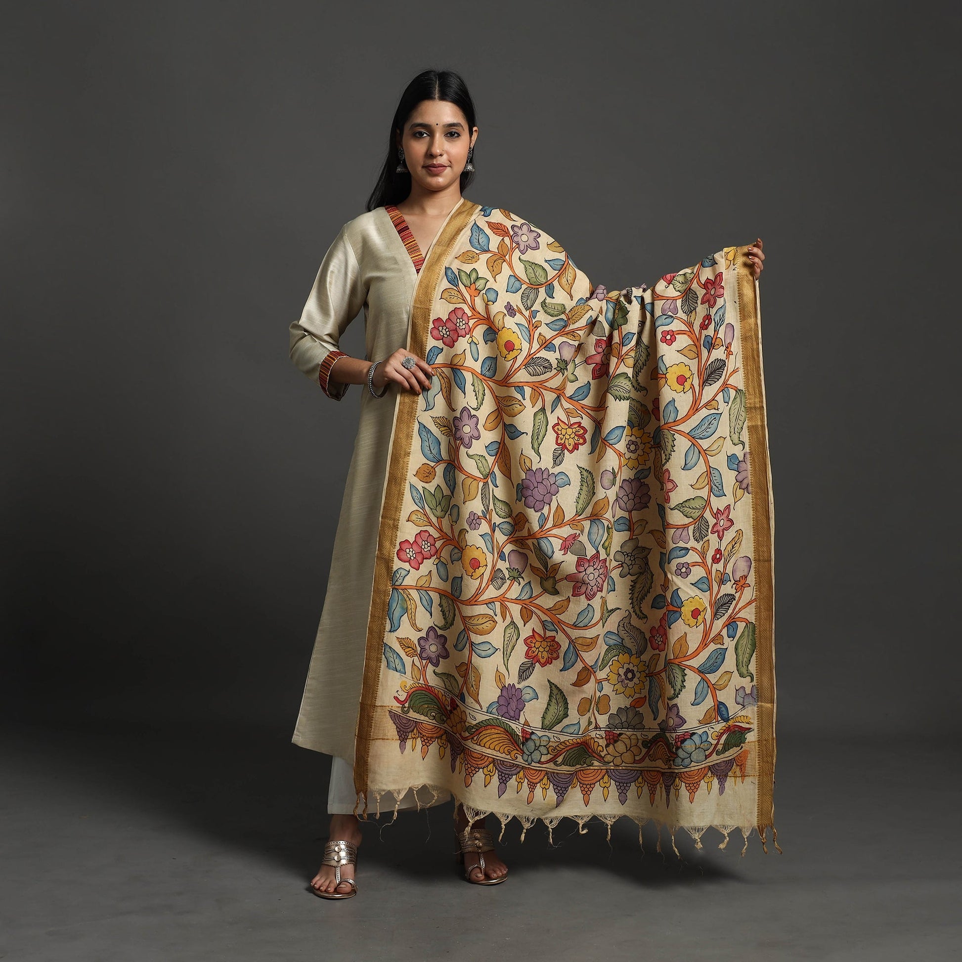 Beige - Mangalagiri Cotton Handpainted Pen Work Kalamkari Dupatta 10