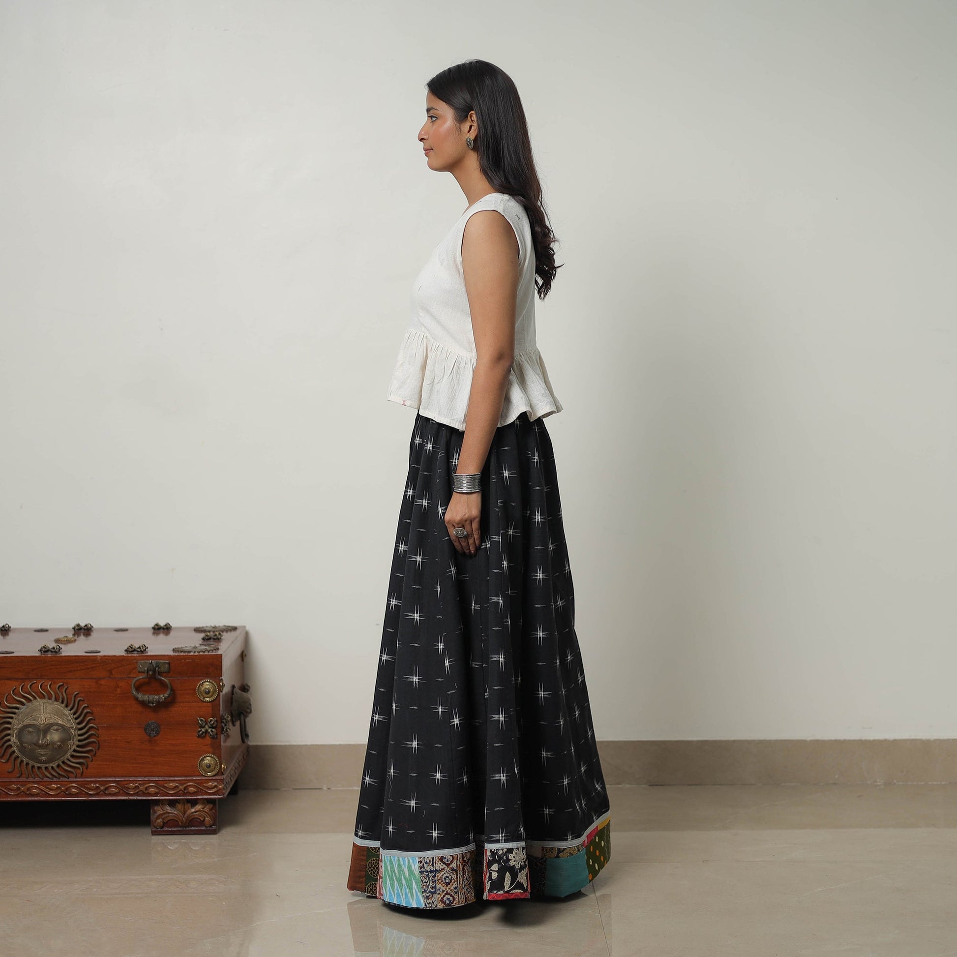 Black - 24 Kali Cotton Pochampally Ikat Skirt 18
