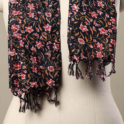 Black - Block Print Cotton Sanganeri Stole with Tassels 169