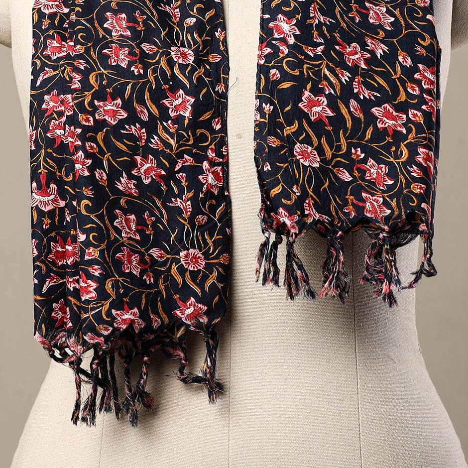 Black - Block Print Cotton Sanganeri Stole with Tassels 169