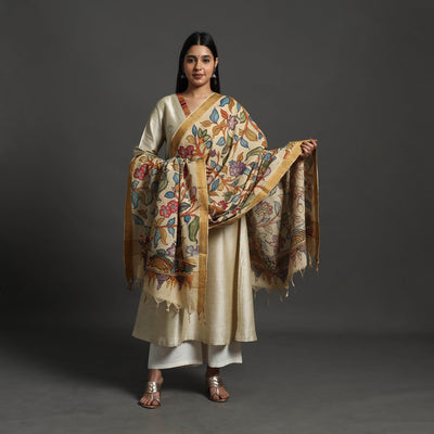 Beige - Mangalagiri Cotton Handpainted Pen Work Kalamkari Dupatta 10