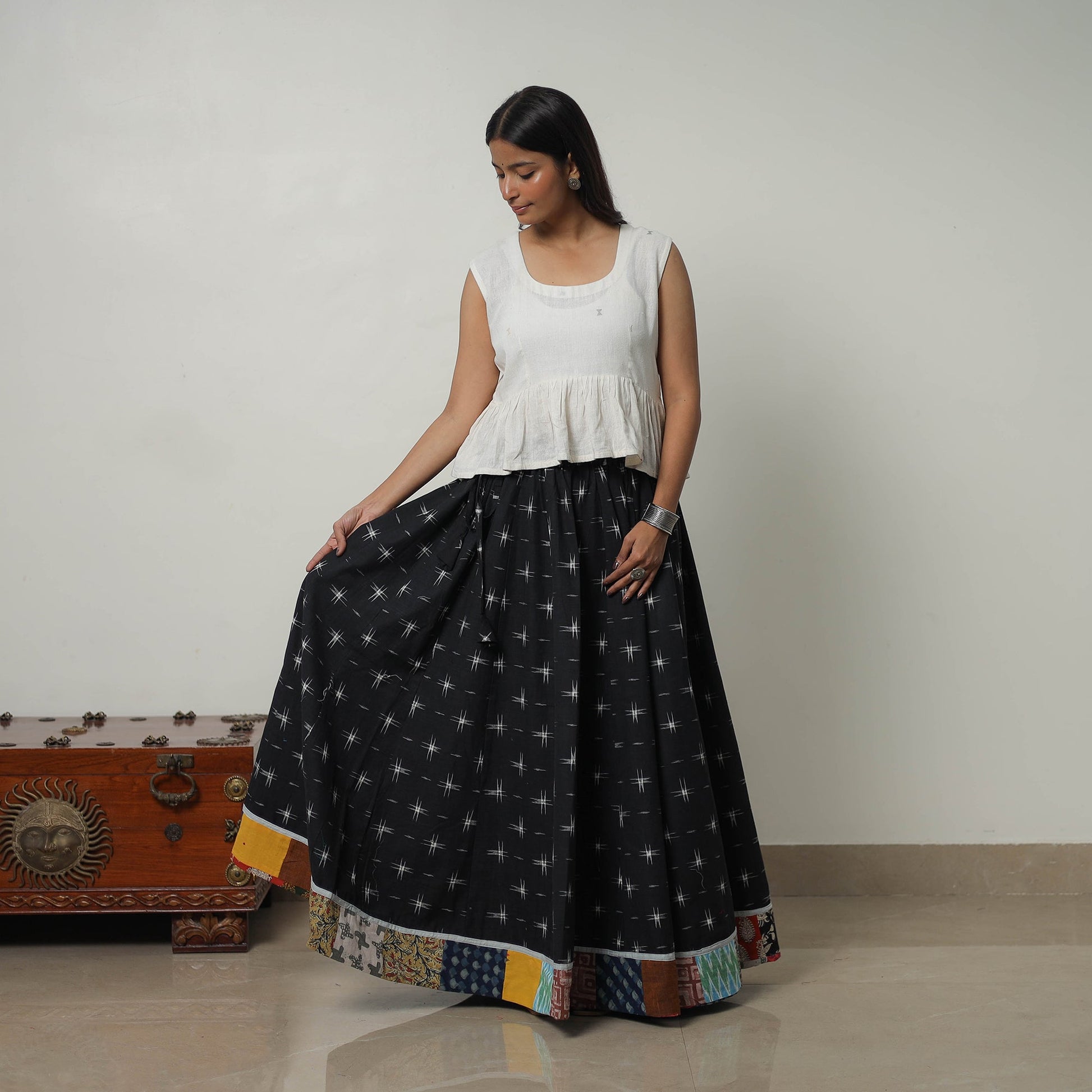 Black - 24 Kali Cotton Pochampally Ikat Skirt 18