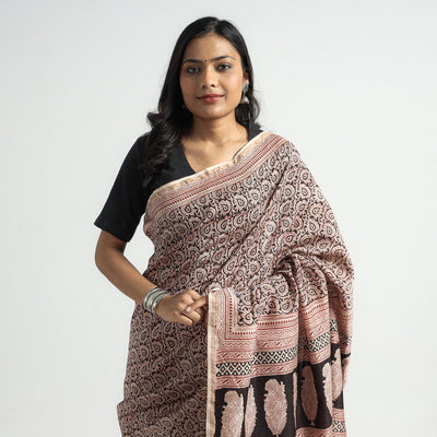 Beige - Bagh Hand Block Printed Natural Dyed Chanderi Silk Saree
