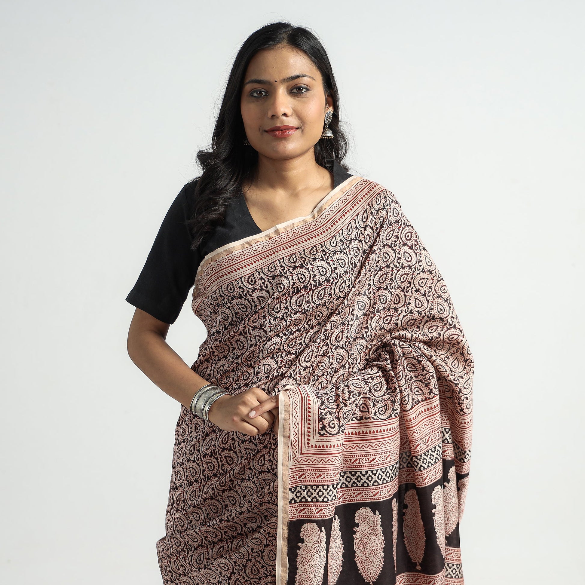 Beige - Bagh Hand Block Printed Natural Dyed Chanderi Silk Saree