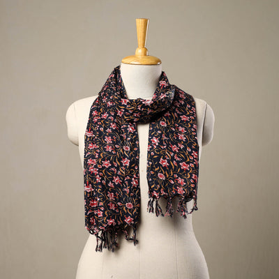 Black - Block Print Cotton Sanganeri Stole with Tassels 169