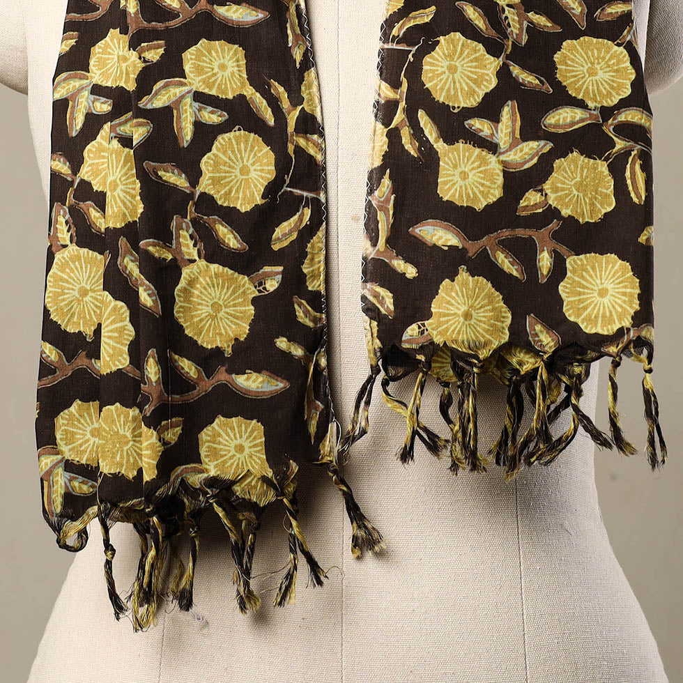 Brown - Block Print Cotton Sanganeri Stole with Tassels 170