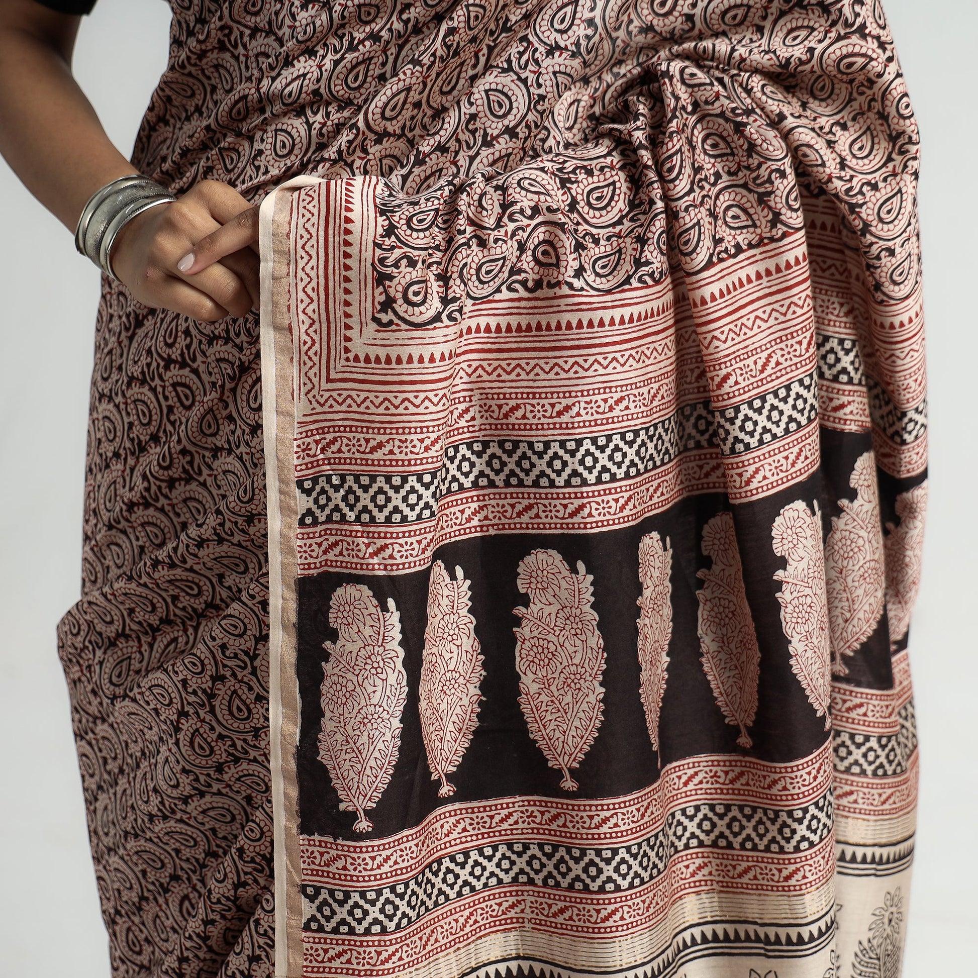 Beige - Bagh Hand Block Printed Natural Dyed Chanderi Silk Saree