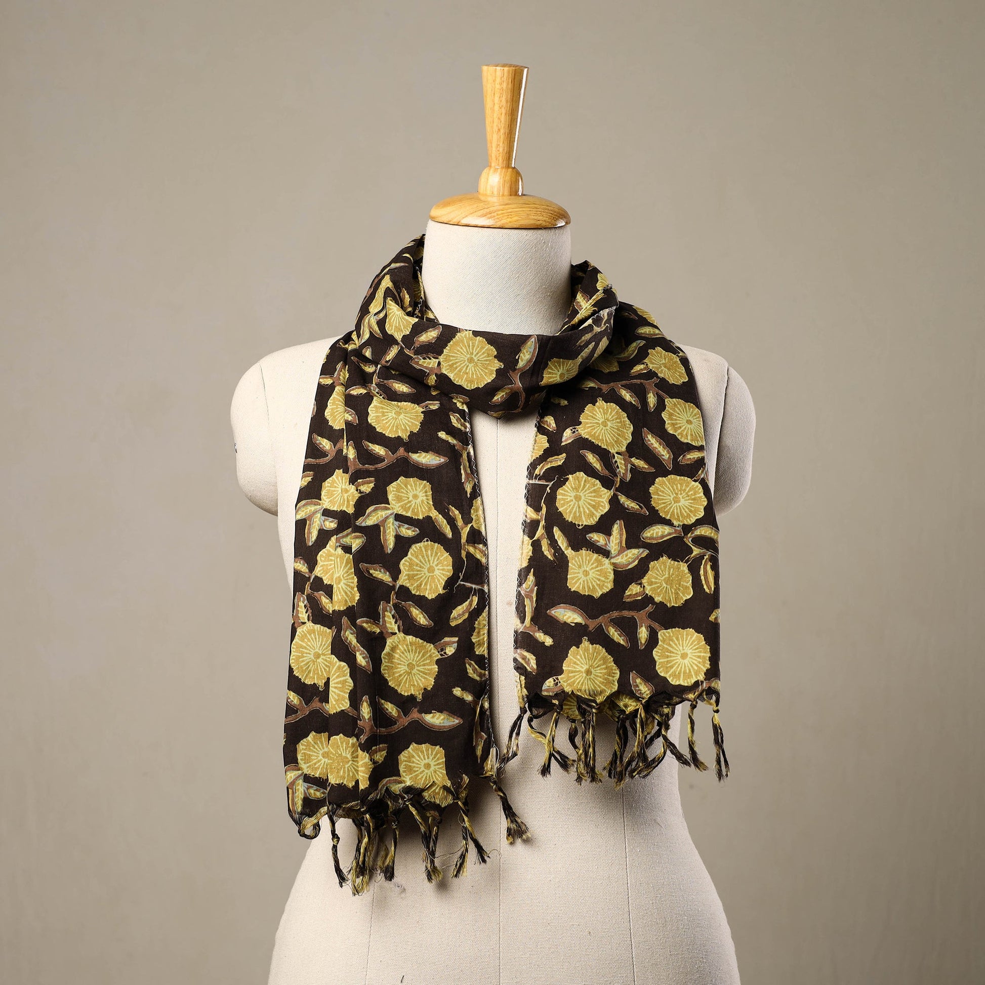 Brown - Block Print Cotton Sanganeri Stole with Tassels 170