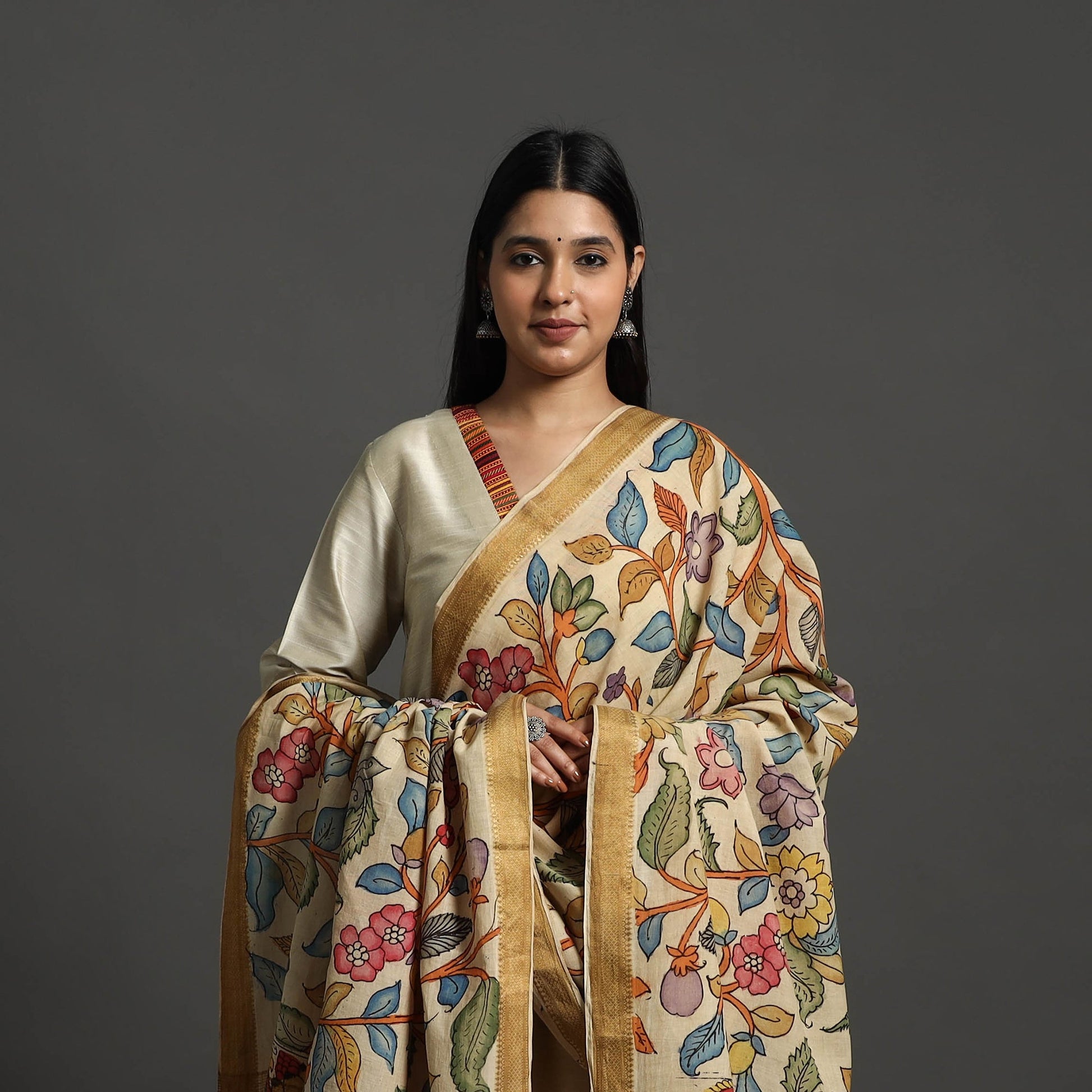 Beige - Mangalagiri Cotton Handpainted Pen Work Kalamkari Dupatta 10