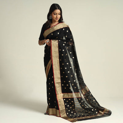 Black - Traditional Chanderi Silk Handloom Zari Work Saree by Rauph Khan