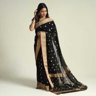 Black - Traditional Chanderi Silk Handloom Zari Work Saree by Rauph Khan