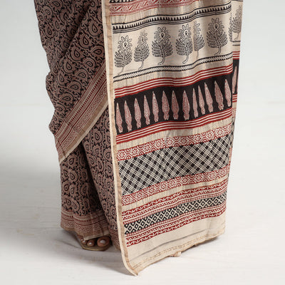 Beige - Bagh Hand Block Printed Natural Dyed Chanderi Silk Saree