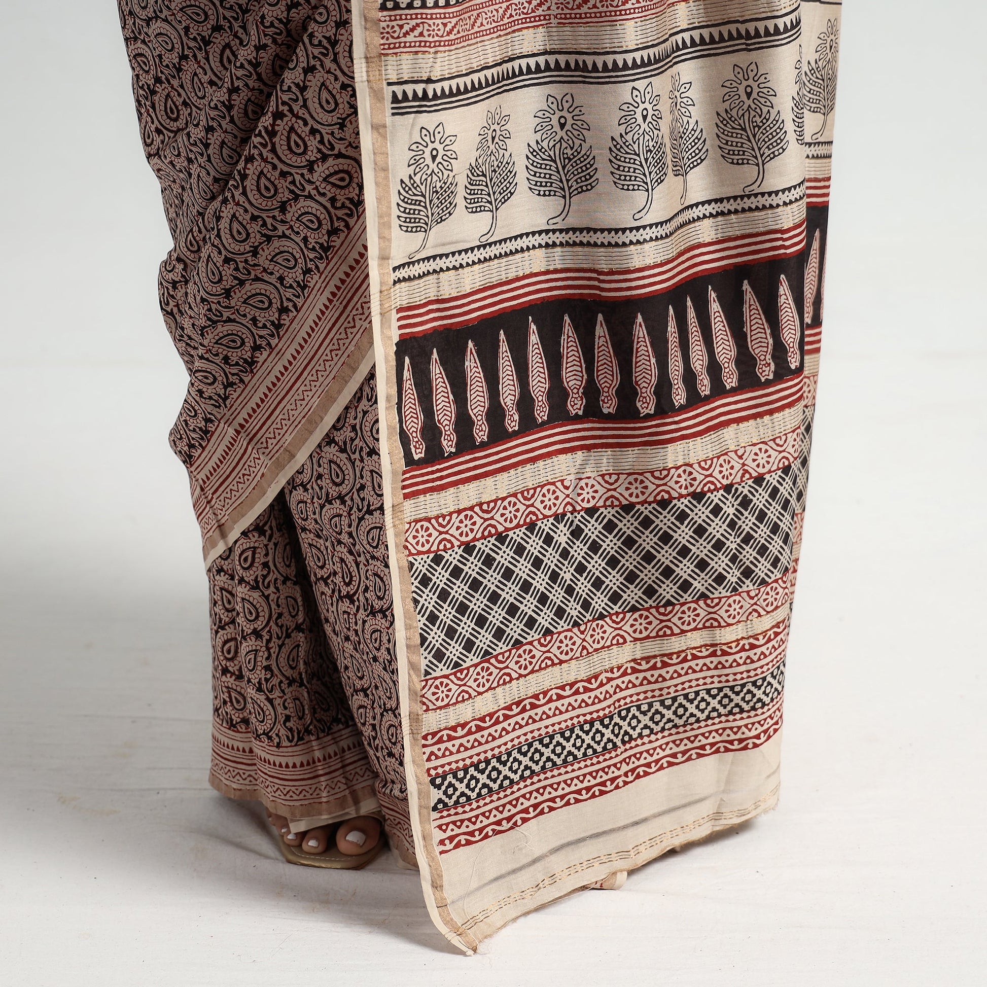 Beige - Bagh Hand Block Printed Natural Dyed Chanderi Silk Saree