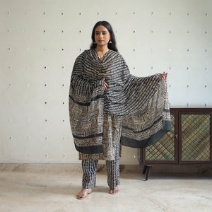 Black - Batik Print Cotton Kurta with Palazzo & Dupatta Suit Set 12