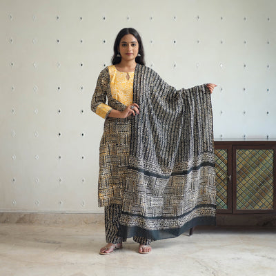 Black - Batik Print Cotton Kurta with Palazzo & Dupatta Suit Set 12