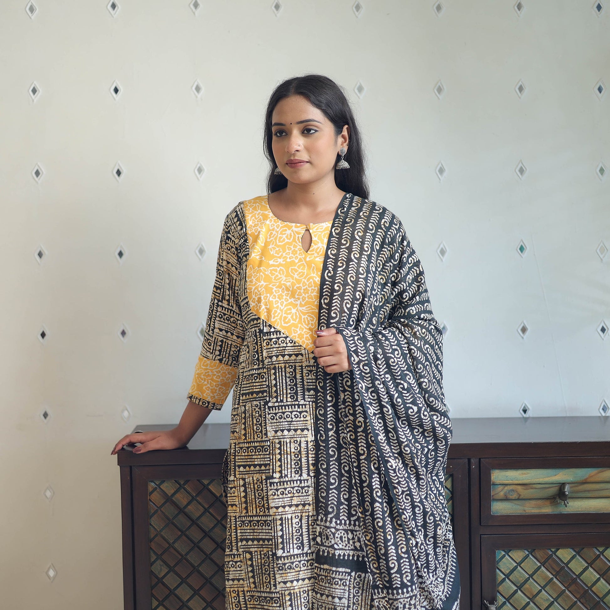 Black - Batik Print Cotton Kurta with Palazzo & Dupatta Suit Set 12