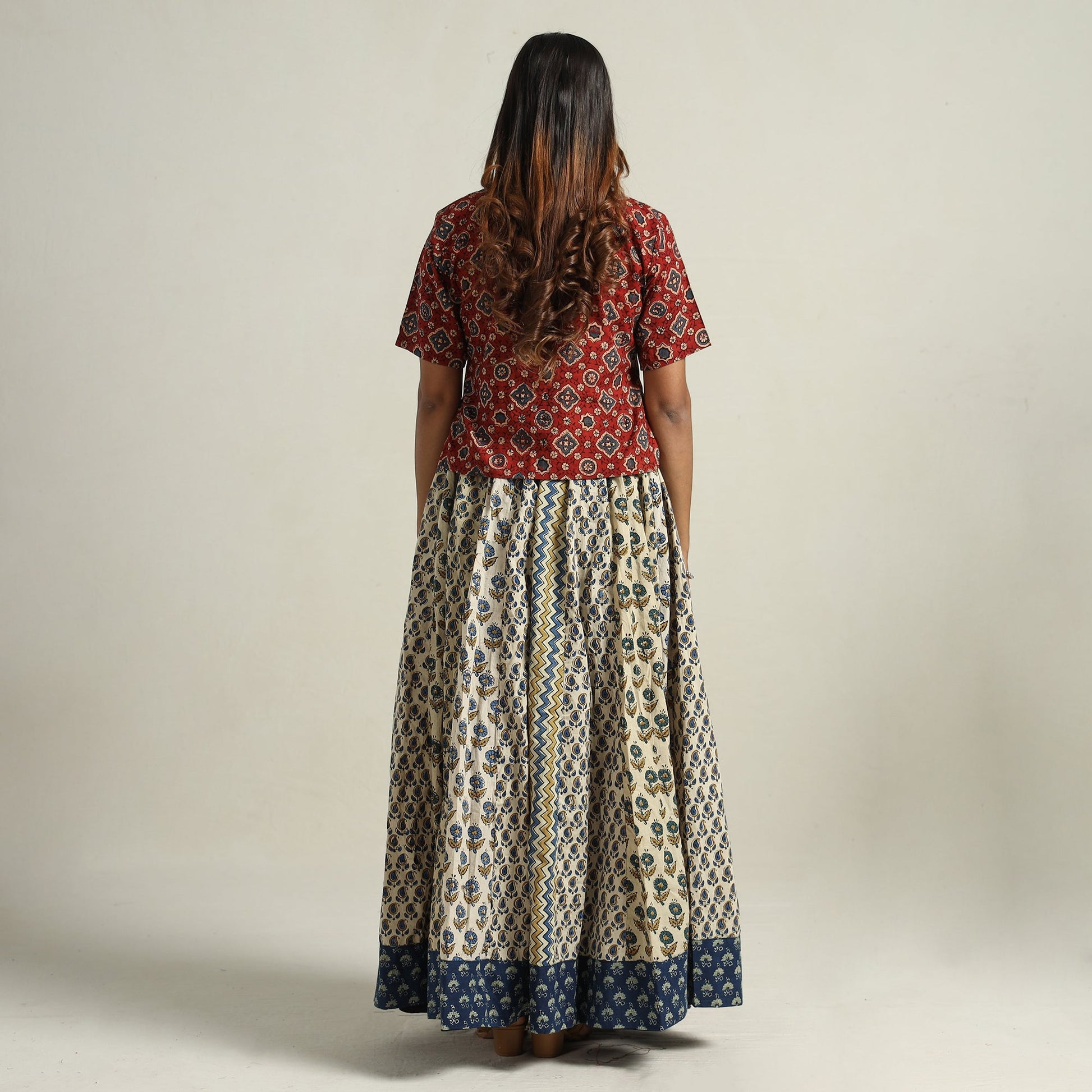 Beige - Ajrakh Block Printed 24 Kali Patchwork Cotton Long Skirt 47