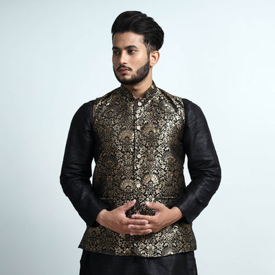Black - Banarasi Brocade Silk Nehru Jacket