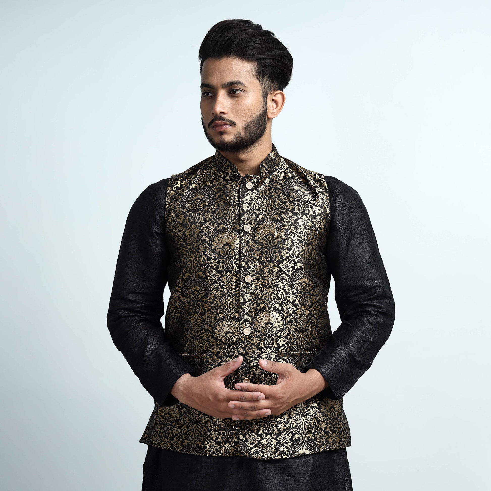 Black - Banarasi Brocade Silk Nehru Jacket