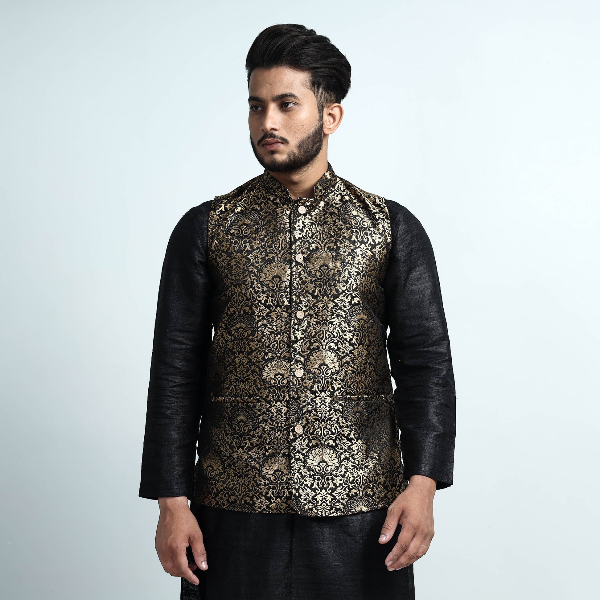 Black - Banarasi Brocade Silk Nehru Jacket