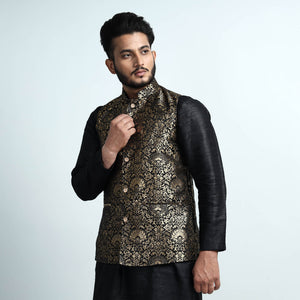 Black - Banarasi Brocade Silk Nehru Jacket