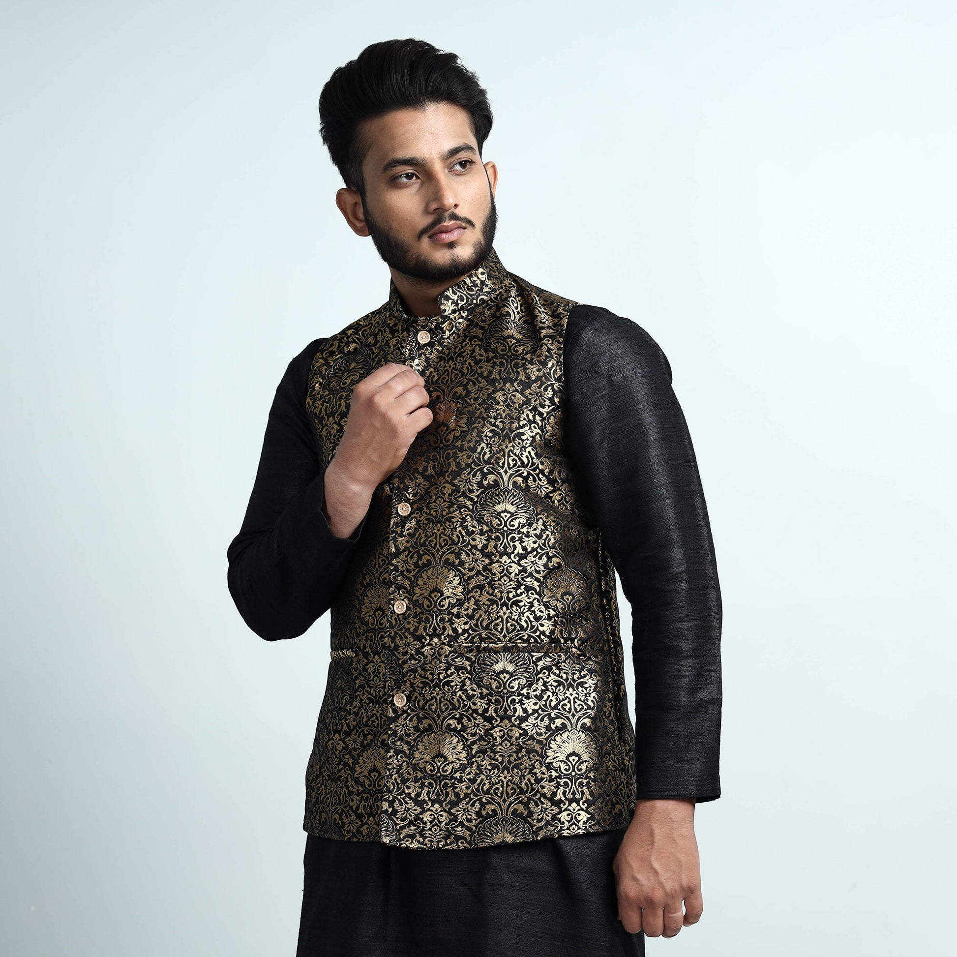 Black - Banarasi Brocade Silk Nehru Jacket